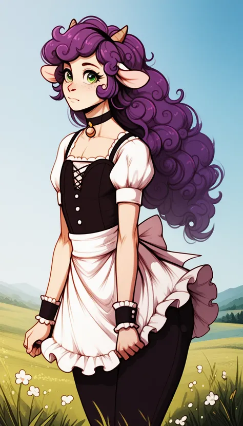 1 femboy, anthro, woolry, wool, fluffy wool,  Anthropomorphic ram ,  light skin  ,  purple hair ,  green eyes, human face,  long hair hairstyle,  disheveled hair  , (19 years old),  wide hips, short horns, One, Trail in the field,  stands on the trail in t...