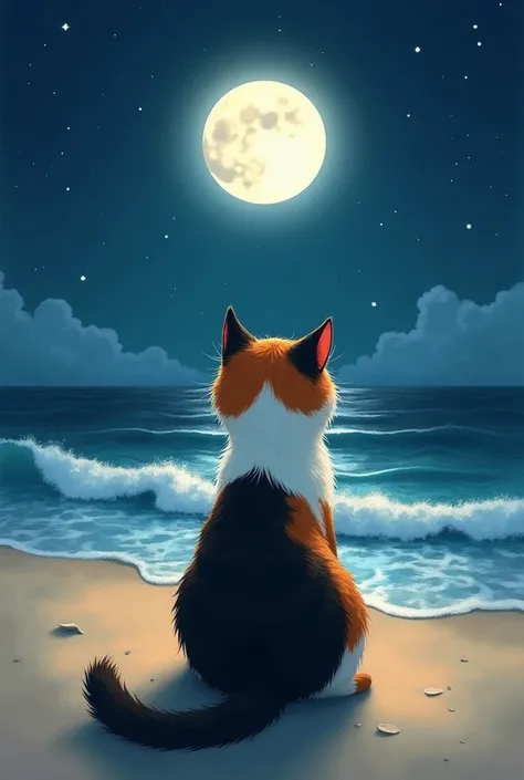 Three-haired cat　Back view　Night Beach　Admire the big moon　 fantastic atmosphere　 illustration style