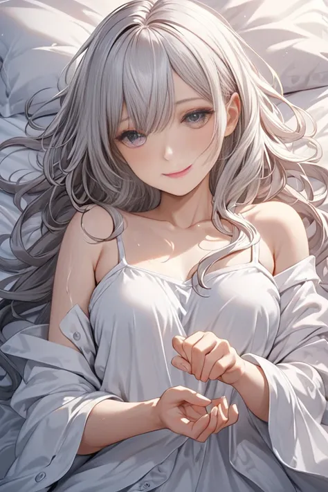 long silver hair big ponytail from a high position、Lie on your back on a fluffy bed、 A beautiful woman holding out her hands 。The expression is gentle、With a smile、 her eyes shine brightly and attractively 。Long hair flowing down her shoulders 、 her slight...