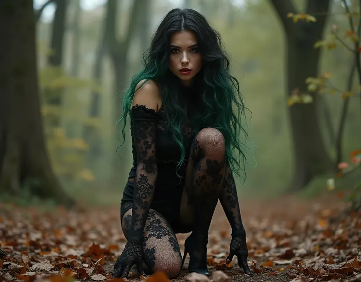 Photo of woman wears black lace stockings, the woman is wearing high heels ; The woman has long, wavy black and green hair; The woman is dressed as a sexy witch, The woman is on all fours, the woman is in a clearing in the middle of a forest, it&#39;s autu...