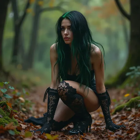 Photo of  woman wears black lace stockings, the woman is wearing high heels ; The woman has long, wavy black and green  hair; The woman is dressed as a sexy witch, The woman is on all fours, the woman is in a clearing in the middle of a forest, it&#39;s au...