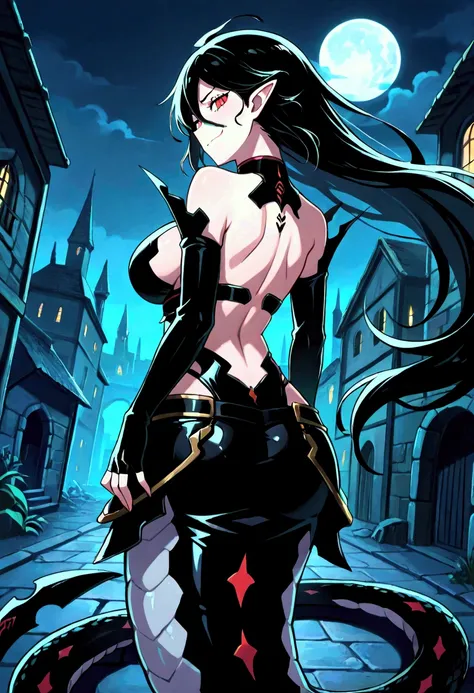 best quality, (anime style:1.3),(1girl,solo:1.2) ,solo, lamia, draconcopode, serpentine, very long black hair, black scales, red-eyes, pointy ears, slit pupils, big large breasts, hidden breasts, looking at the viewer, evil smug, abandonned city, dark alle...