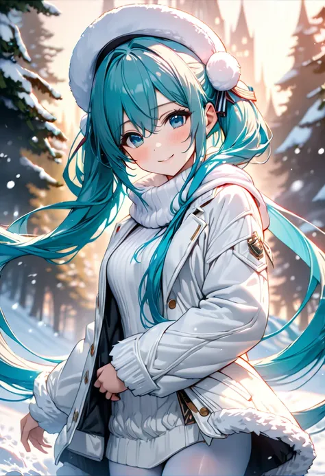 fantasy CG digital art, Hatsune Miku depicted in a fantastic snow world .Miku is cute ,  I wear a soft white hat with white fluffy fur and cute outerwear that blends into the snowy landscape. She's white I'm wearing a turtleneck sweater and a scarf the sam...