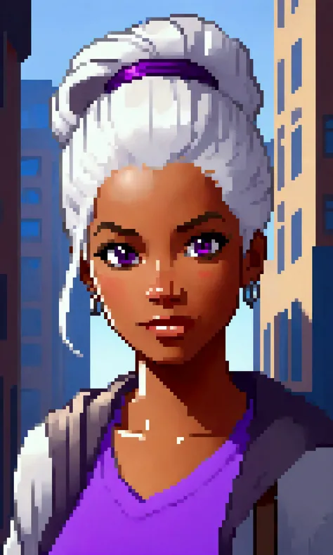  draw a black character ,  with white hair and a purple lock ,  hair tied with a part running down her face, A brown eye slap ,  blue eyes,  gray long-sleeved t-shirt ,  draw her on a high point in a city .  Mature woman with a tough face , At the same tim...