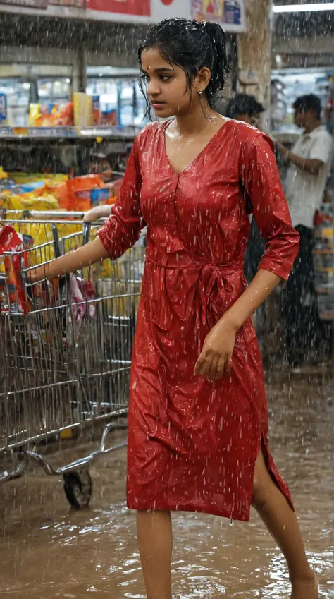 A shy indian teen in a grocery store drenched wet in rain, messy wet hair and sticky dress. her face sugest she is very young. Her attire looks wet, drenched in rain, causing her dress to stick to her skin tight.. ultra-high definition, realistic photograp...