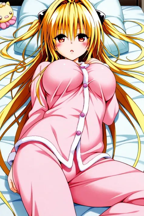 love-ru , konjiki na yami,  1girl, In pajamas,  blond hair,  blush a lot ,  big breasts, In pajamas,   with an expressionless face ,  doesn't have a very open mouth, eyebrows are hidden by hair,  floating hair ,  hair between eyes,  hair consumes ,  Long h...