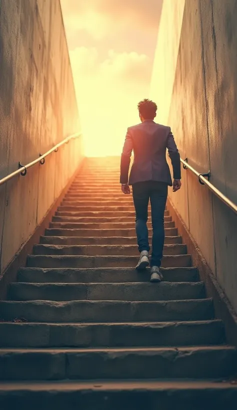 A motivational image showing a person climbing a staircase where each step represents a challenge or failure, but the final step leads to success. The background is bright and inspiring, symbolizing hope and determination. The person looks determined and c...