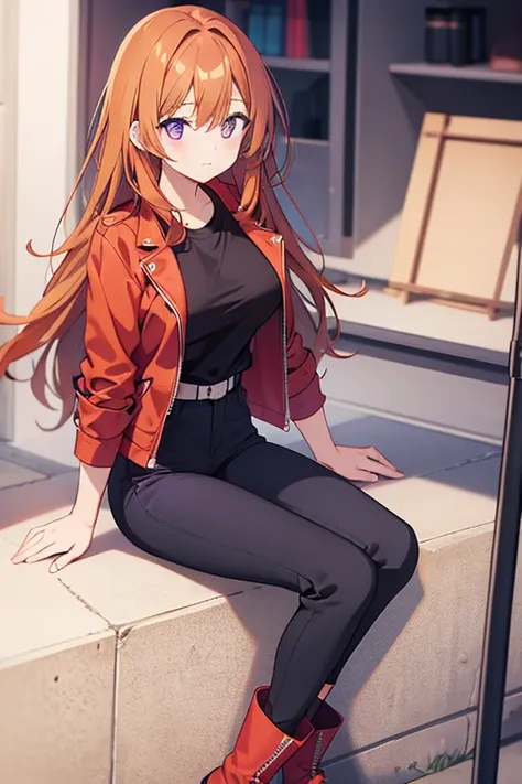  A beautiful woman with straight and slightly wavy orange hair with a tuft of hair dyed purple, who is dressed in black pants , a boots, a black t-shirt ,  and a red jacket .