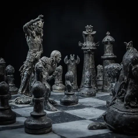 Close low angled view of a massively oversized chess board, where the pieces are real characters from 'Lord of the rings', frozen in position, real elves, real orcs, real people, photorealistic, dramatic, ultra-detailed, sharp-focus, masterpiece, 16K, 