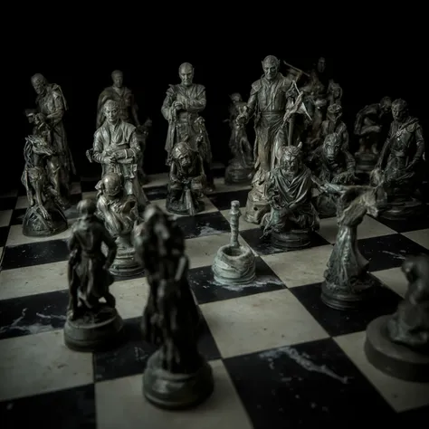 Close low angled view of a massively oversized chess board, where the pieces are real characters from 'Lord of the rings', frozen in position, real elves, real orcs, real people, photorealistic, dramatic, ultra-detailed, sharp-focus, masterpiece, 16K, 