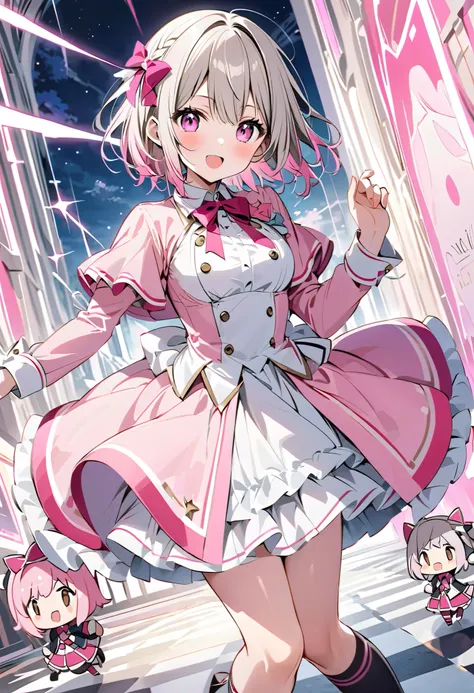  pink costume、 pink dress on the corner、Gray Hair、Gray Hairに毛先はピンク、白の long sleeve dress ロングスカート、  pink ribbon がついた knee high socks、  pink ribbon 、  idol costume 、White medium hair with pink tips 、Pink hair with pink tips、 long sleeve dress 、Beautiful Absol...