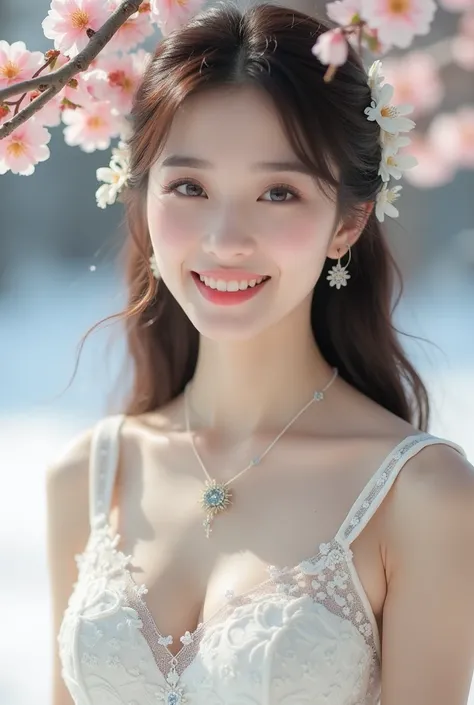 A beautiful sexy Korean smirking woman wears an intricately ornate white lace dress complemented by a white garter strap and a ribbon necklace crowned with a pendant. The image looks heavenly, bathed in blooming flowers and shining like a dream, with a stu...