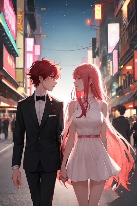 Create an anime cartoon, a white mullet haired age boy wearing a black suit with a red haired age girl with transparent long hair in a pink suit, a beautiful night light city background, dark tones, focus people.