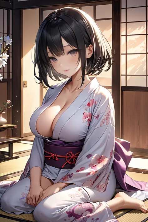  short hair black hair、 big breasts、 beautiful woman wearing traditional Japanese clothes 。 kimono is worn loosely 、 her collarbone and chest are slightly revealed 。 the silky smooth fabric 、 has a delicate flower pattern drawn on it 。The obi is tied loose...