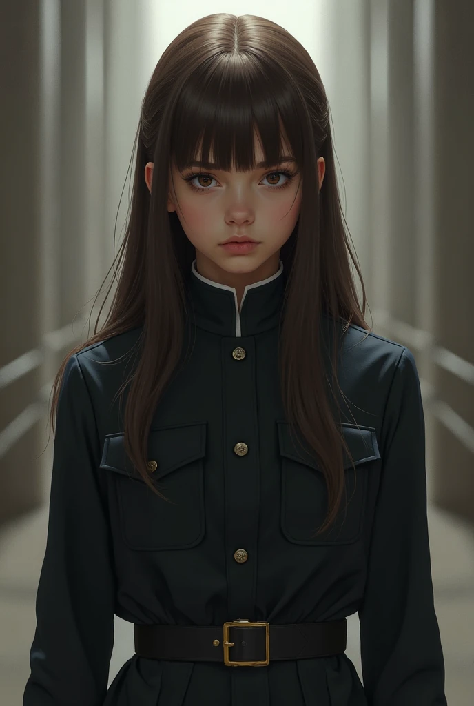 Girl in AU uniform with long brown hair with bangs and brown eyes, serious expression