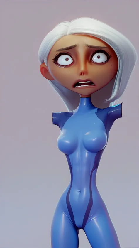 Tanned skinny  Woman with silver hair. She is wearing a skin-tight blue wetsuit. She is scared. And has her mouth open wide.