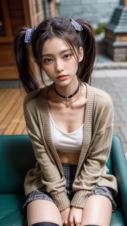  in the seat, clean skin, Shiny Hair,( twin tails),  black hair, purple hair, gradient hair, very long hair,hime cut,Skin teeth ,jitome, green eyes, O Ring Choker ,  X Hair Ornament , Heart Hair Ornament,Medical eye patch, break red ribbon ,Diagonal Stripe...