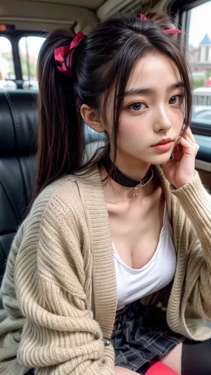  in the seat, clean skin, Shiny Hair,( twin tails),  black hair, purple hair, gradient hair, very long hair,hime cut,Skin teeth ,jitome, green eyes, O Ring Choker ,  X Hair Ornament , Heart Hair Ornament,Medical eye patch, break red ribbon ,Diagonal Stripe...