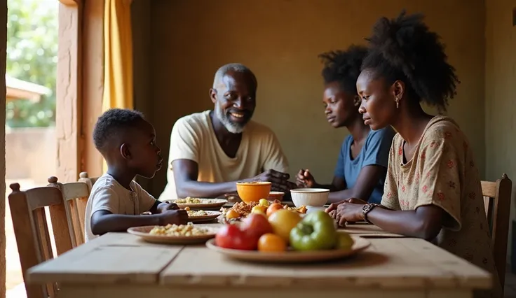  "A family seated at a simple wooden dining table under bright sunlight. The young boy sits in the corner, avoiding eye contact, his body tense. The uncle sits confidently, his charm evident in his casual smile, while the mother looks relaxed and trusting....