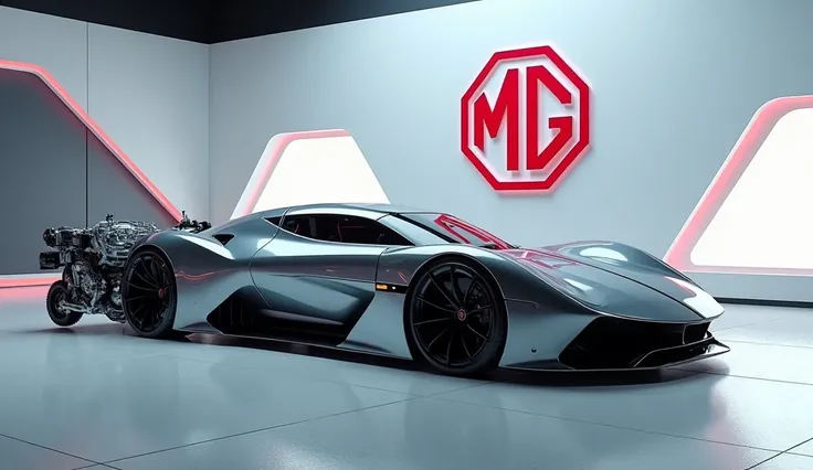 ( 2025 MG cybester ) car in a sleek stage with logo ( MG cybester )  on wall. The engine of the car lying next to the car