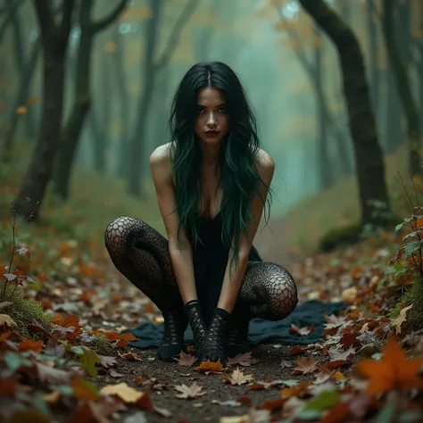 Photo of  woman wears black lace stockings, the woman is wearing high heels ; The woman has long, wavy black and green  hair; The woman is dressed as a sexy witch, The woman is on all fours, the woman is in a clearing in the middle of a forest, it&#39;s au...