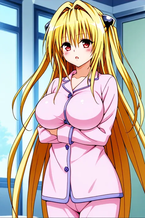 love-ru , konjiki na yami,  1girl, In pajamas,  blond hair,  blush a lot ,  big breasts, in latex clothes,   with an expressionless face ,  doesn't have a very open mouth, eyebrows are hidden by hair,  floating hair ,  hair between eyes,  hair consumes ,  ...