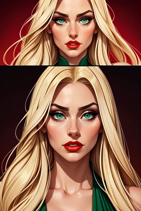 A beautiful woman with long and straight blonde hair and emerald-green eyes. The woman is 26 years old. The woman has lovely makeup on her face. The woman wears red lipstick. Symmetrical eyes. Symmetrical face. Comic-style realism animation mixed with digi...