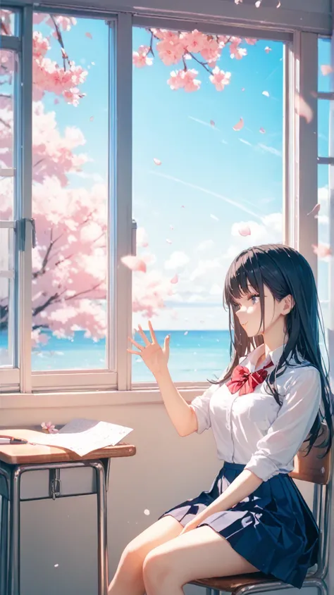  high quality,  high definition, Age 18, slender, black hair, long hair, medium breasts, beautiful breasts, beautiful legs, cool beauty, high school, school uniform, blue sky, beautiful scene, Beautiful view from the classroom window, air, cherry blossom, ...