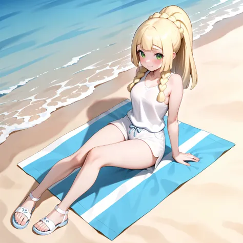 Solo, Lillie pokemon, blonde, braided sidelocks, standing, wearing tank  top, white shorts, barefoot, sandals, sitting, on a beach towel, at a beach, seductive, masterpiece,best quality,amazing quality,very aesthetic,absurdres,newest, 