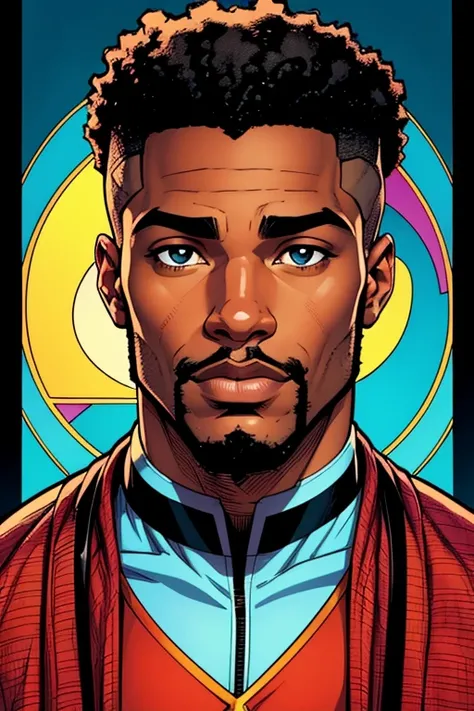 A handsome and pleasant-faced African American male with curly hair. Symmetrical eyes. Symmetrical face. Muted comic tones. Smooth gradients enhance the polished comic effect. Full color. 