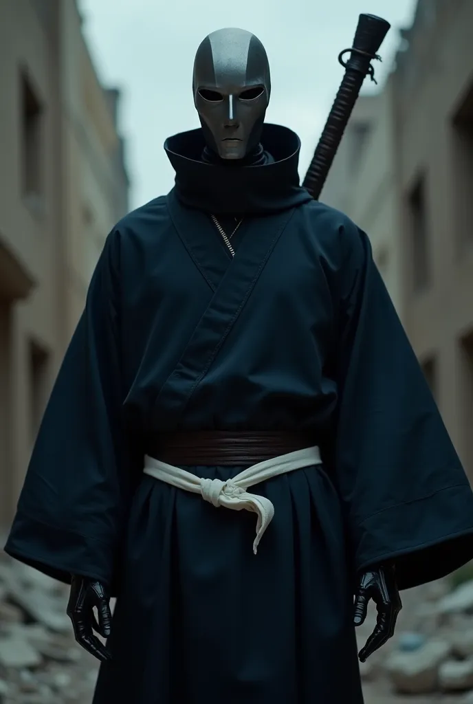 Robot head man,Dark blue robe with high collar,The typical Japanese belt called Obi is white.black leather gloves,A large sickle weapon on the back with a handle wrapped in white bandage,typical Palestinian war ruin zone background,dark cloudy weather,zoom...