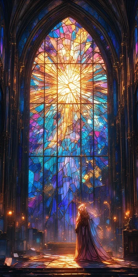 A large stained glass window representing a cracked sky、