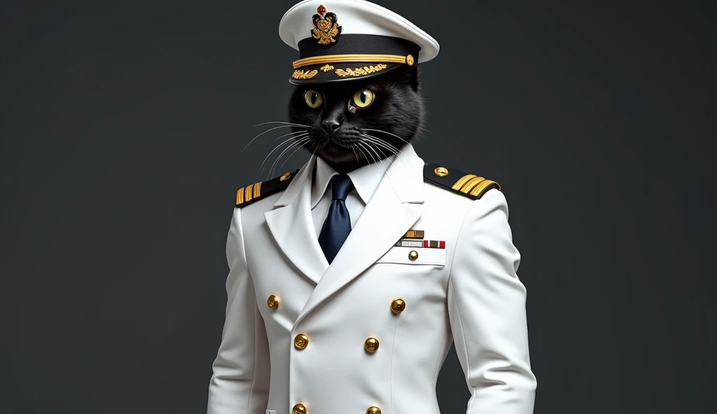 The black cat is dressed in a pristine, tailored white navy uniform, which fits perfectly to his muscular physique. His uniform includes a sharp, double-breasted jacket with gold buttons gleaming under the light, signifying his high rank. The jacket has ep...