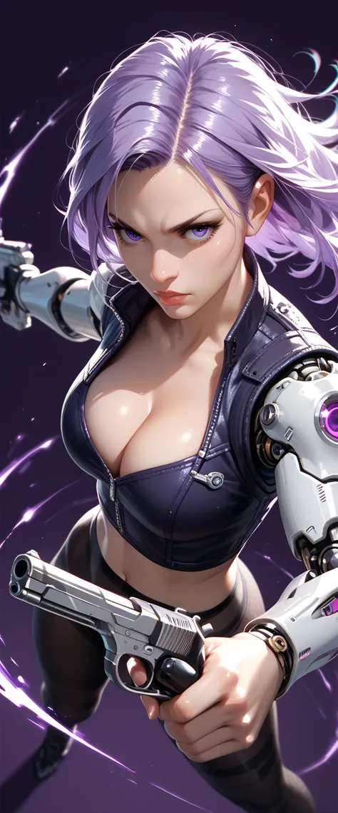 Thin, purple-haired female, cybernetic body parts, see through leggings, blank dark purple background, detailed, action pose, above, close up, cleavage, aiming pistol,