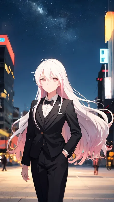 Create an anime cartoon white haired teen man wearing a black suit with a red haired teenage girl with transparent long hair pink suit. Beautiful night lights city background, dark tone, focus people.