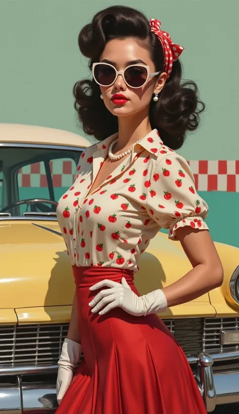 A mesmerizing 8K Create a modern oil painting of an retro Girl.Visual Description: Hairstyle: Voluminous, curled hair styled in a classic bouffant or pin-up look, possibly with a headscarf or a vintage hair accessory like a headband or flower clip. Makeup:...