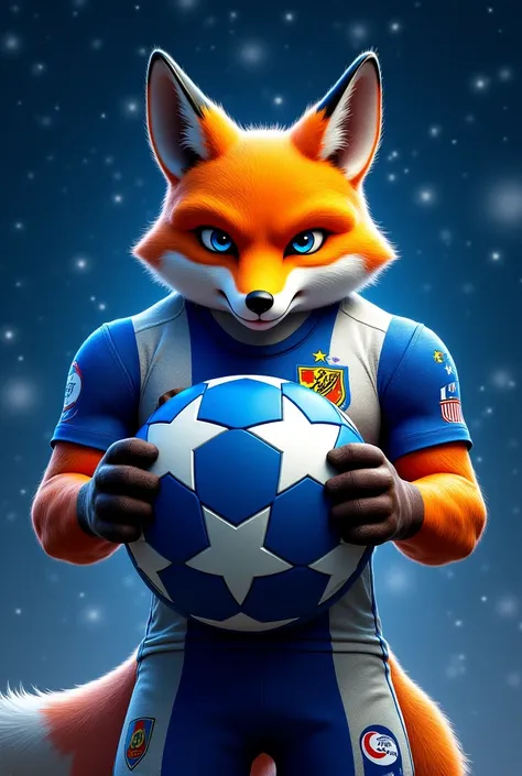 Make a strong fox with a blue Cruzeiro Sport Club outfit with a round shield with 5 stars, With a background of stars