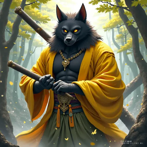 Black Wolf Beast Man　 yellow kimono　 hold a sword　 cute anime art