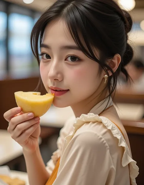 ( side view of a super cute busty Korean college girl eating a melon pie:1.2)(Happy smile:1.2)(16k,  RAW photos ,  top quality,  Masterpiece: 1.2),( cute bun hair with glossy black hair )  Super Detail,  Super Resolution, (Genuine, Genuine photos: 1.37),  ...