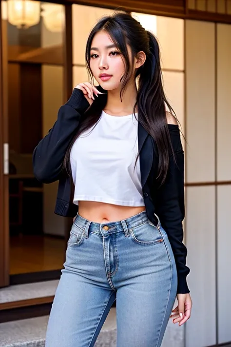 japanese beautiful and hot style 21 years old japanese lady quite smail and Full size a beautiful sexy queen, with a ponytail is studying diligently. She is wearing a simple outfit consisting of jeans, a T-shirt, and a sweater. Her long hair is styled neat...