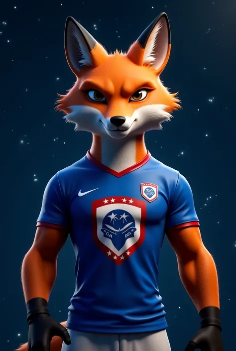 Make a strong fox in a blue Cruzeiro Esporte Clube outfit with a shield on the round jersey with 5 stars, With a background of stars