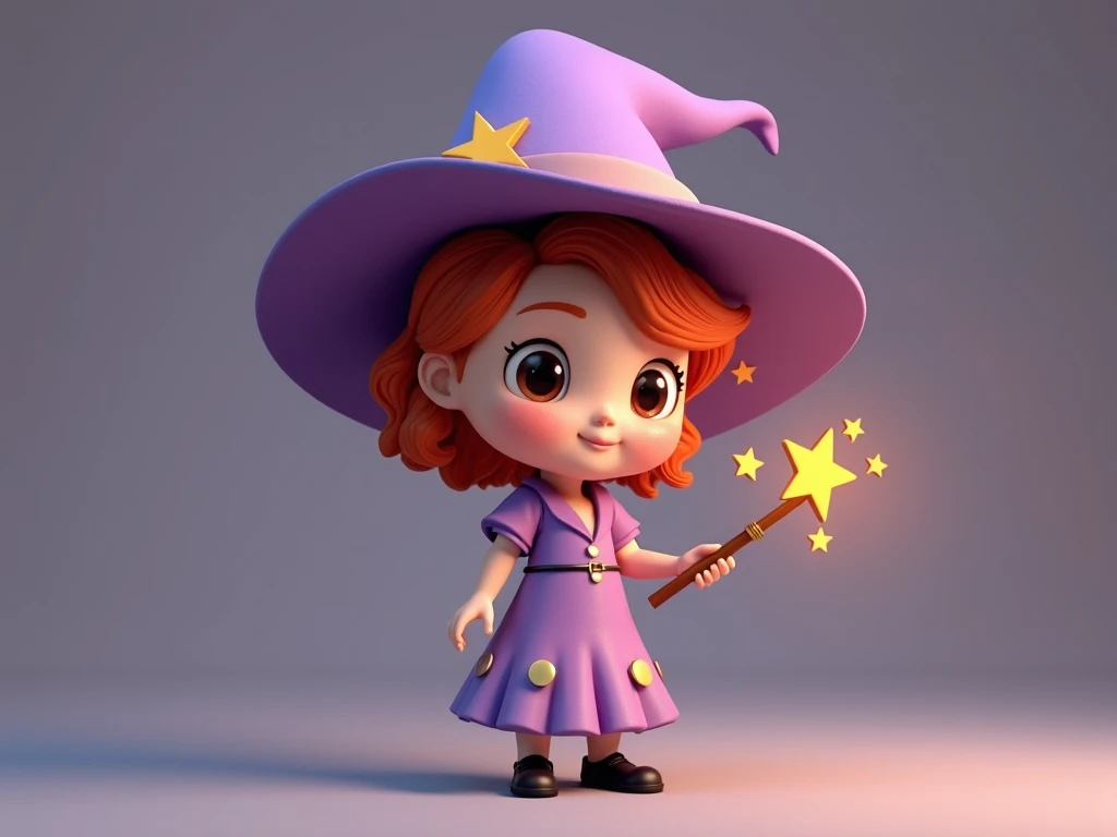 I would like to know can you generate the little witch an adult woman, Redheaded hair ,  very short medium hair with wavy hair ,  the color of white skin ,  little brown eye with a straight eye Black normally ,  purple witch hat ( That lilac color )  with ...