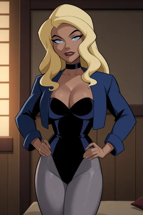 PonyXLV6_Scores BREAK ((parody), perfect anatomy, perfect eyes, cowboy shot) BREAK dinah lance, long hair, blond hair, blue eyes, dark-skinned female, flirting, raised eyebrow, ((looking at viewer)), cropped jacket, blue jacket, choker, cleavage, leotard, ...