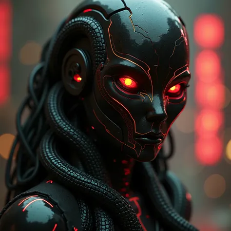 Agent Snake, robot, highest quality  ,A dark cyberpunk world、1 female ( dark cyberpunk world,  female Egyptian Robot, red robot face(snake structure), black outline on sharp facial structure, human like, metallic snakes for hair , medium hair length, cyber...