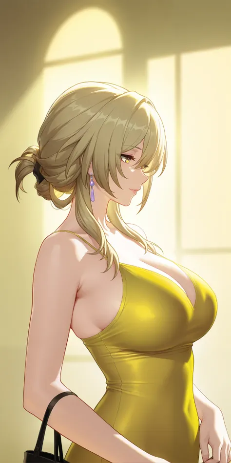 masterpiece, best quality, mature woman, milf, blonde hair, chignon hair, camisole, honkai: star rail cg style, upper body, dynamic lighting, yellow light, sandal colour costume.side view. light transparent dress, tight breast 