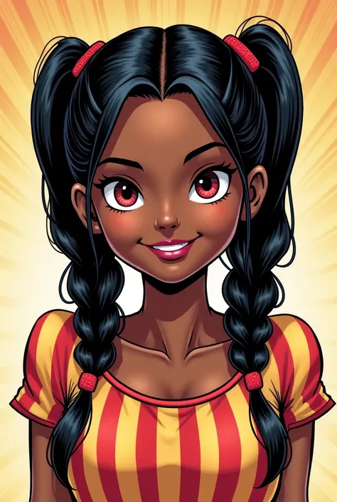 Dc comics panel , Dark-skinned  of indigenous ethnicity, beautiful and attractive, with long straight hair tied up in two pigtails with a black cock with red locks,  eyes with heterochromia one with a very very dark red and the other with a lighter red , w...