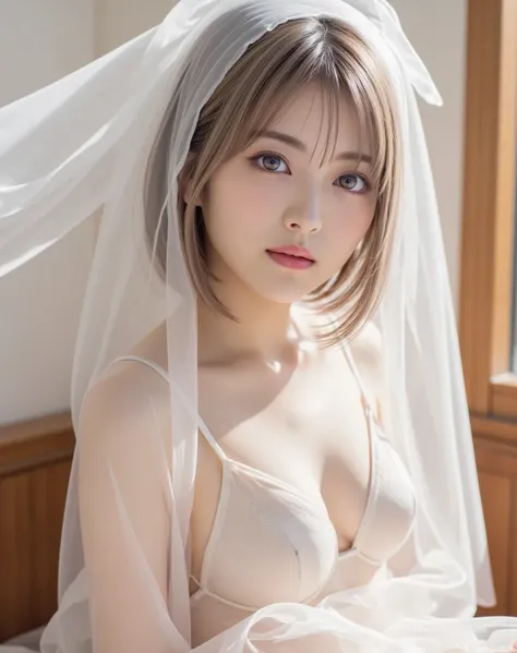  Create an image of a naked young Japanese woman wearing a large translucent cloth as if she were just born   。((shameless 1.5))、((choker)) 、Makes the fabric thin and transparent     ,        A young woman naked and dressed in a large cloth made of translu...