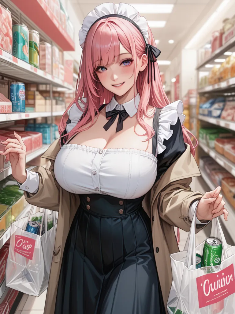  high resolution,  huge breasts ,  top quality, Pink Hair,  long hair ,  with plastic shopping bags and can't see with bangs,  blushes, A gentle smile,  cowboy shot wearing an h coat,   maid clothes、Maid hat、 long skirt 、 short、Slim face、