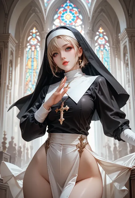 1 beauty girl,sexy nun,dynamic pose,opened cloth