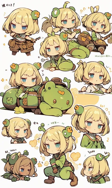 Vivid frog girl, Wakfu style manga,, Concept art,   Details,  top quality,  white background, 32K uhd